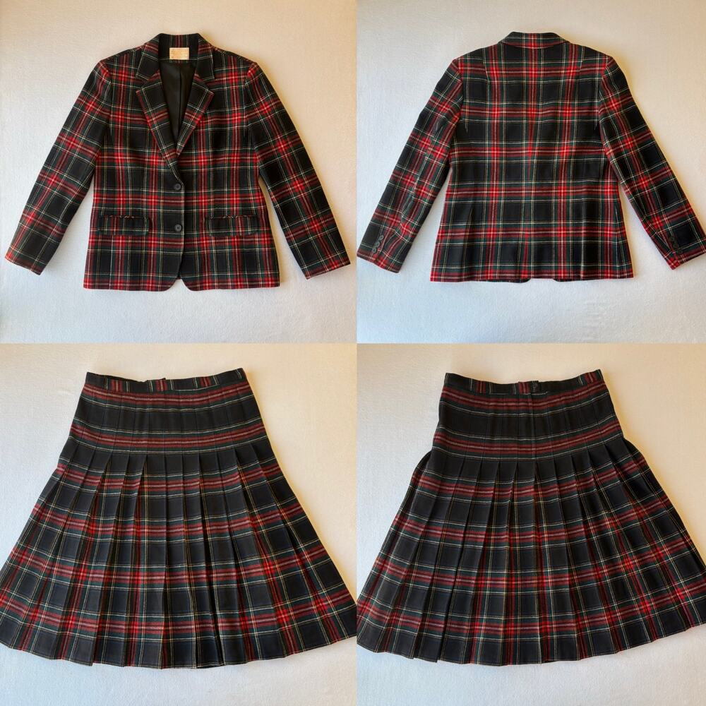 Vintage 70s Pendleton Virgin Wool Blazer Skirt Set Plaid Womens Size 14 Made USA